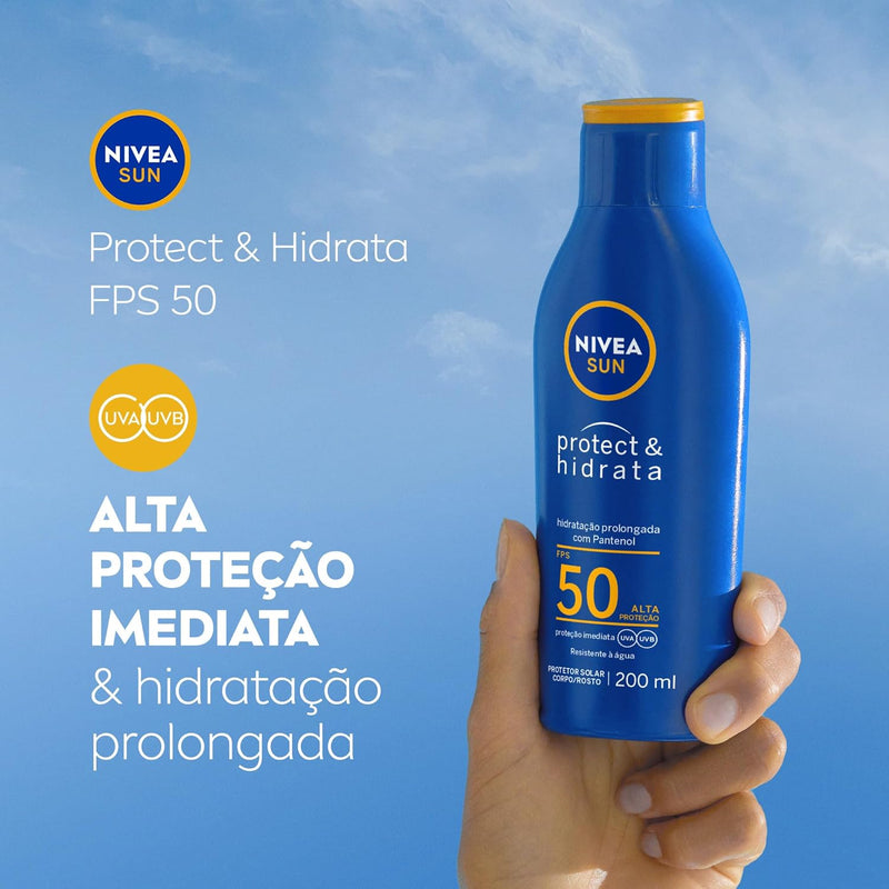 NIVEA SUN Protetor Solar Protect & Hidrata FPS 50 200ml - Com toque seco, rápida absorção e resistente à água, esse protetor solar oferece altíssima proteção ao sol e promove hidratação à pele