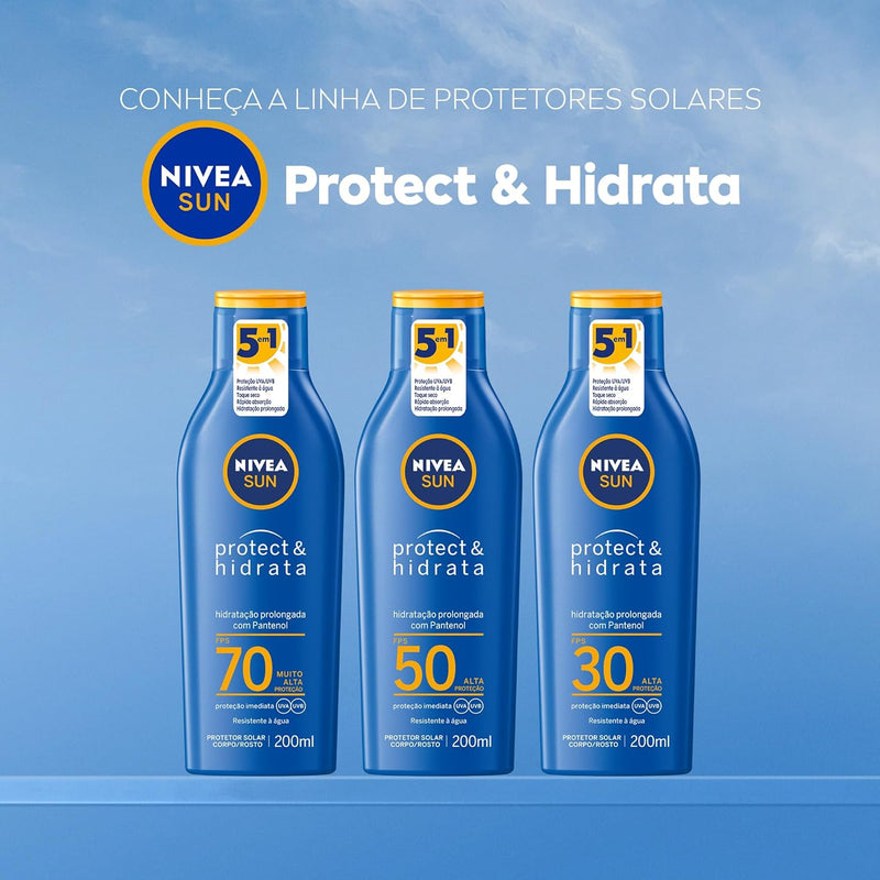 NIVEA SUN Protetor Solar Protect & Hidrata FPS 50 200ml - Com toque seco, rápida absorção e resistente à água, esse protetor solar oferece altíssima proteção ao sol e promove hidratação à pele