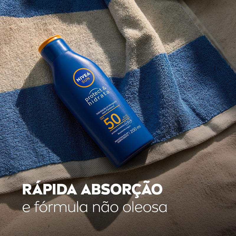 NIVEA SUN Protetor Solar Protect & Hidrata FPS 50 200ml - Com toque seco, rápida absorção e resistente à água, esse protetor solar oferece altíssima proteção ao sol e promove hidratação à pele